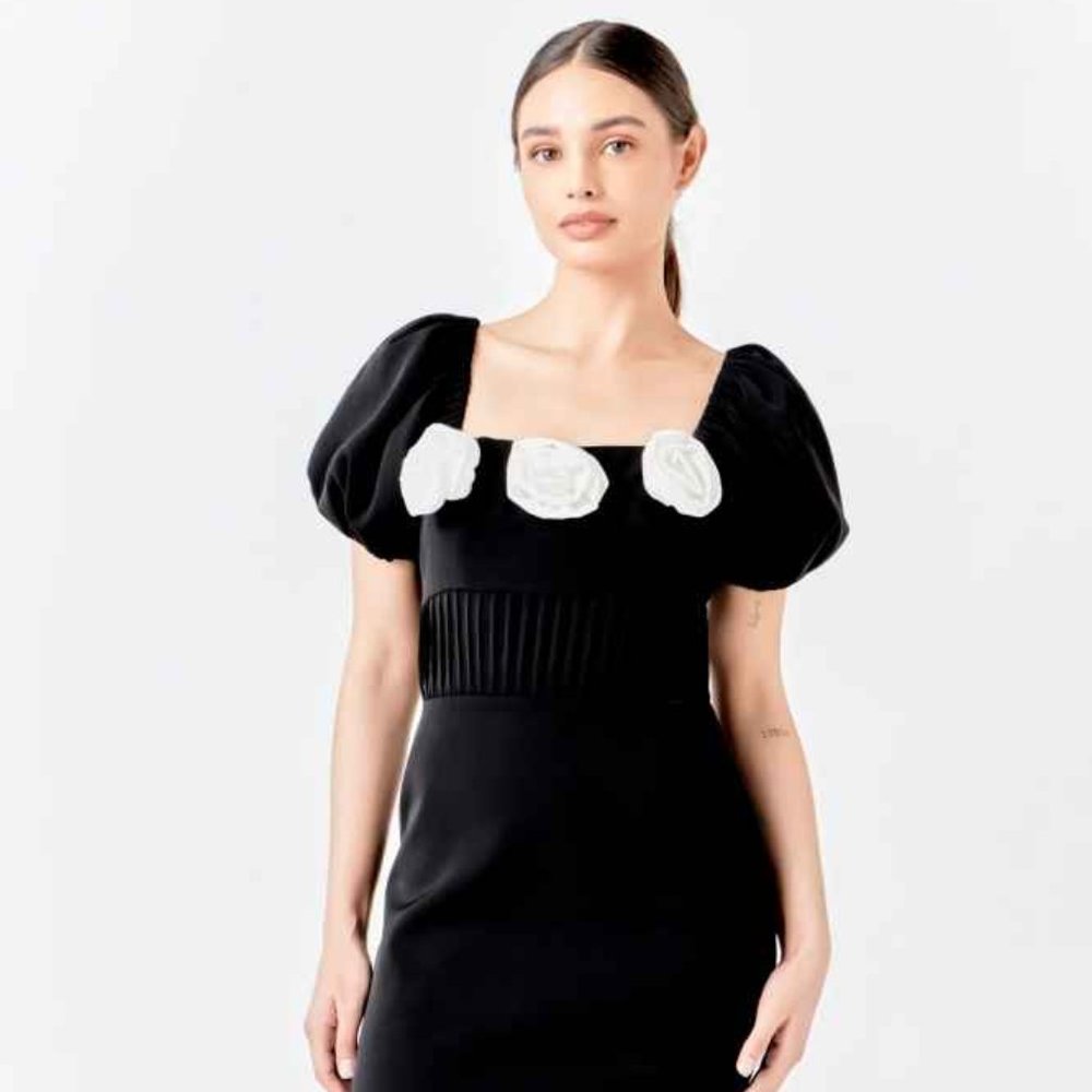 NWT Endless Rose Flower Detail Puff Sleeve Mini Dress Black Size M